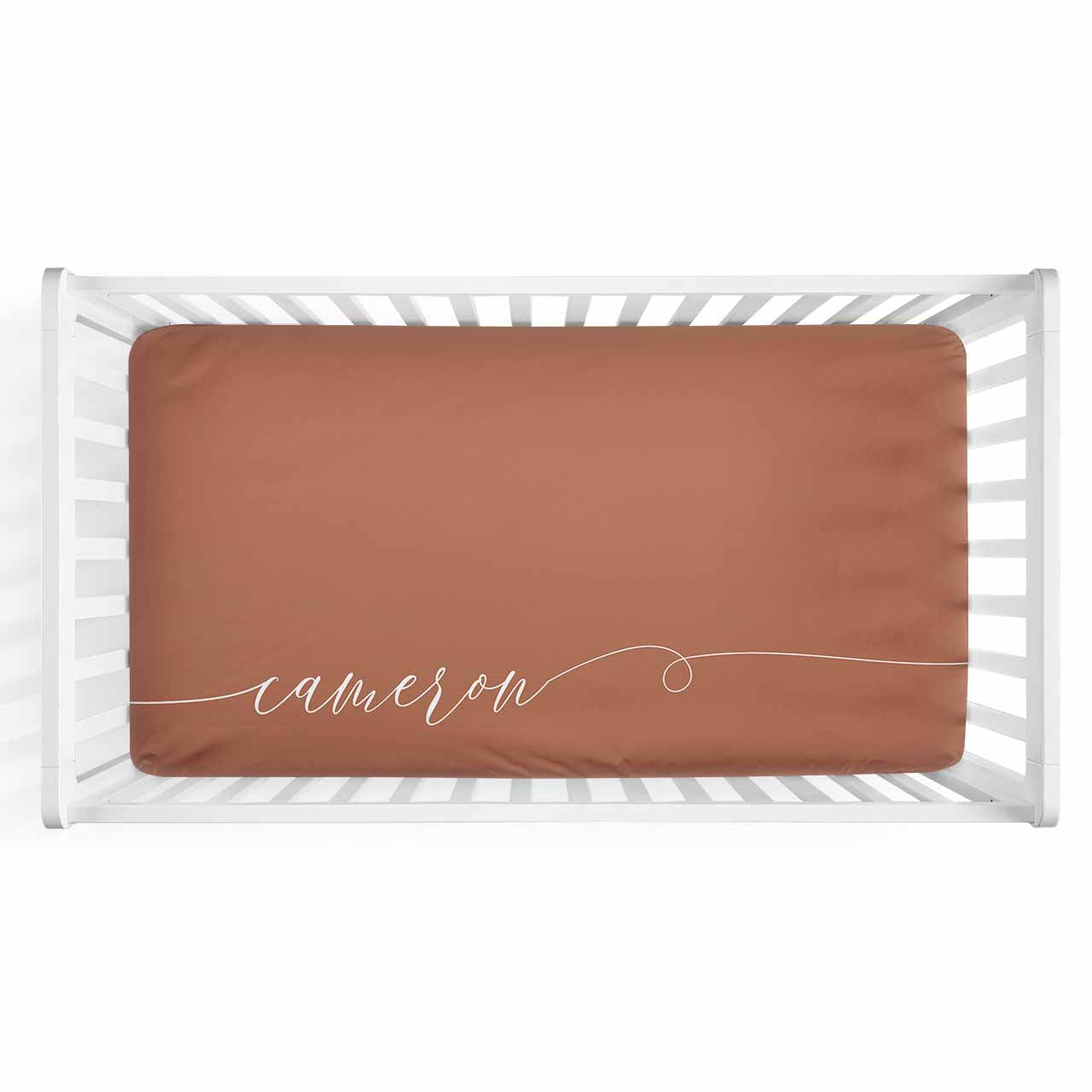 Personalized Baby Name Rust Color Jersey Knit Crib Sheet in Swash Line Script Style