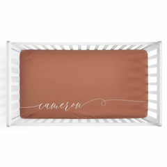 Personalized Baby Name Rust Color Jersey Knit Crib Sheet in Swash Line Script Style
