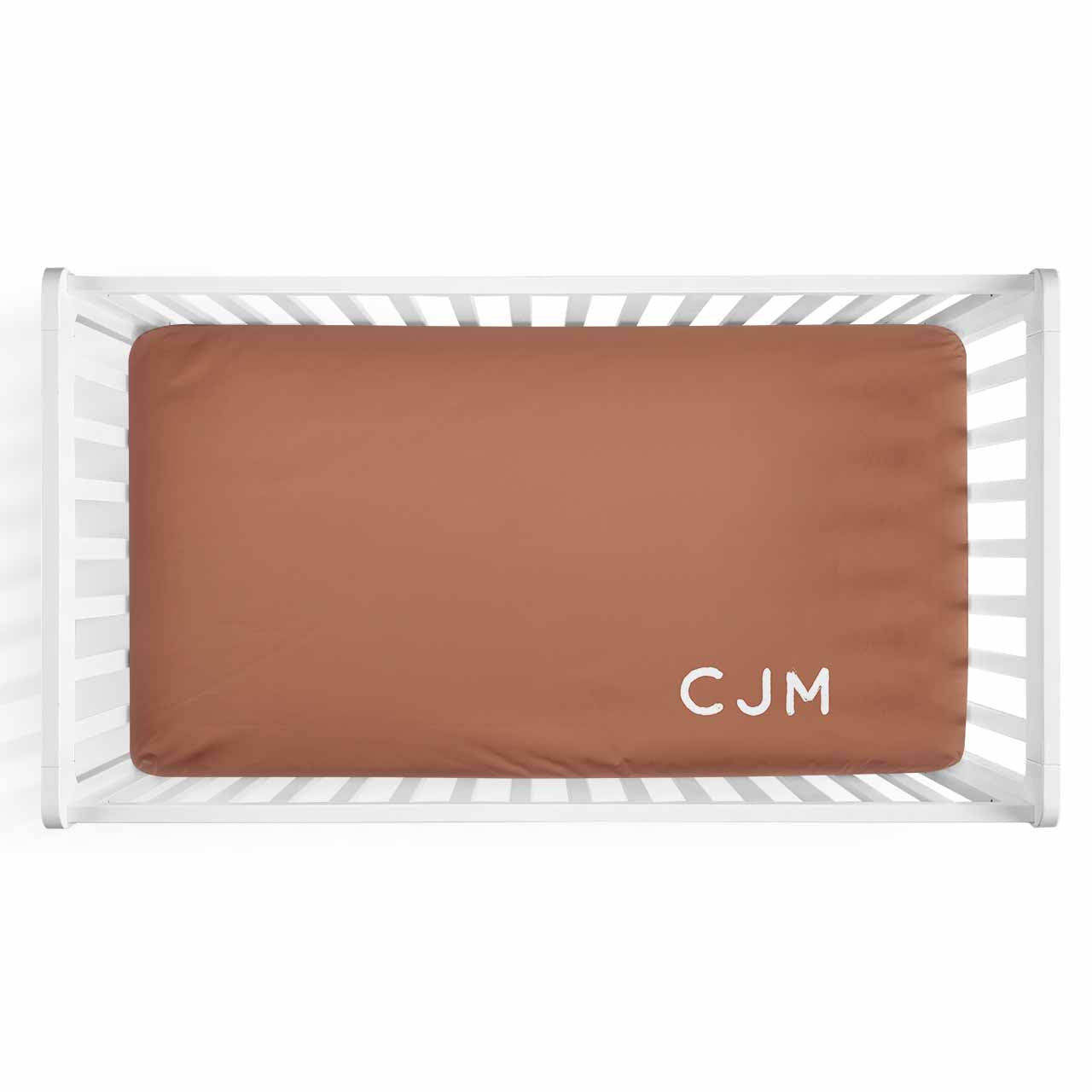 Personalized Baby Name Rust Color Jersey Knit Crib Sheet in Corner Initials Style