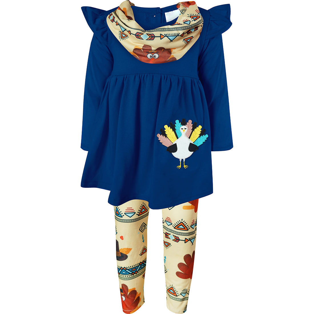 Baby Toddler Little Girls Happy Thanksgiving Turkey Aztec Tribal Scarf Ivory Blue Top Legging Scarf Outfit Set - Angeline Kids