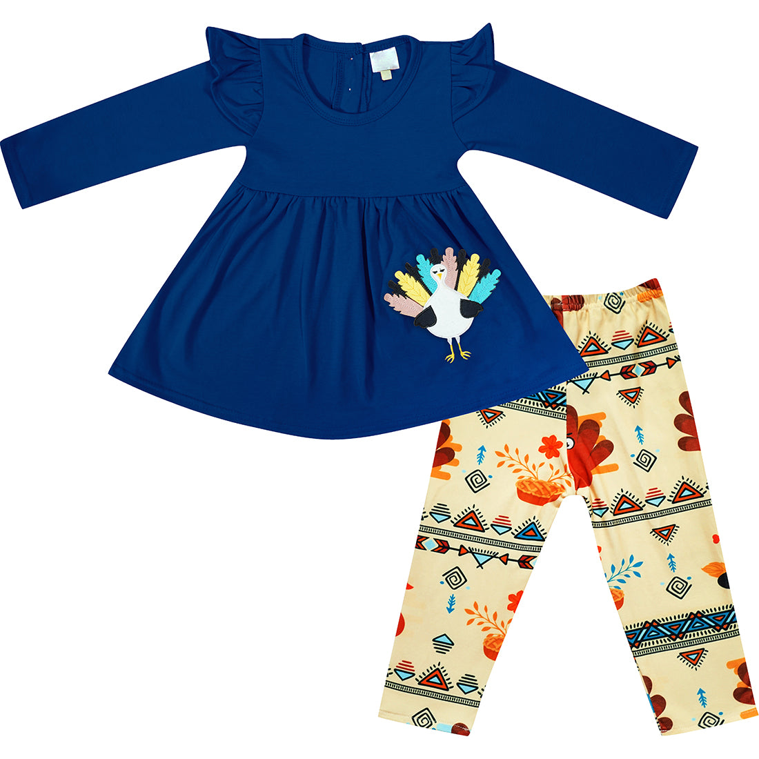 Baby Toddler Little Girls Happy Thanksgiving Turkey Aztec Tribal Scarf Ivory Blue Top Legging Scarf Outfit Set - Angeline Kids
