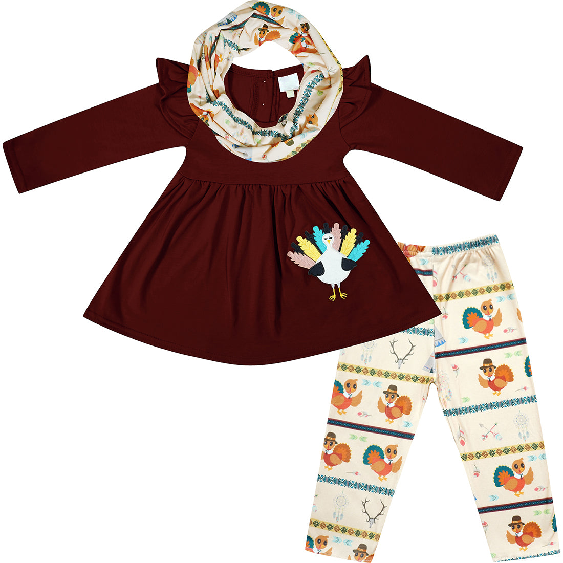 Baby Toddler Little Girls Happy Thanksgiving Turkey Aztec Tribal Scarf Ivory Brown Top Legging Scarf Outfit Set - Angeline Kids