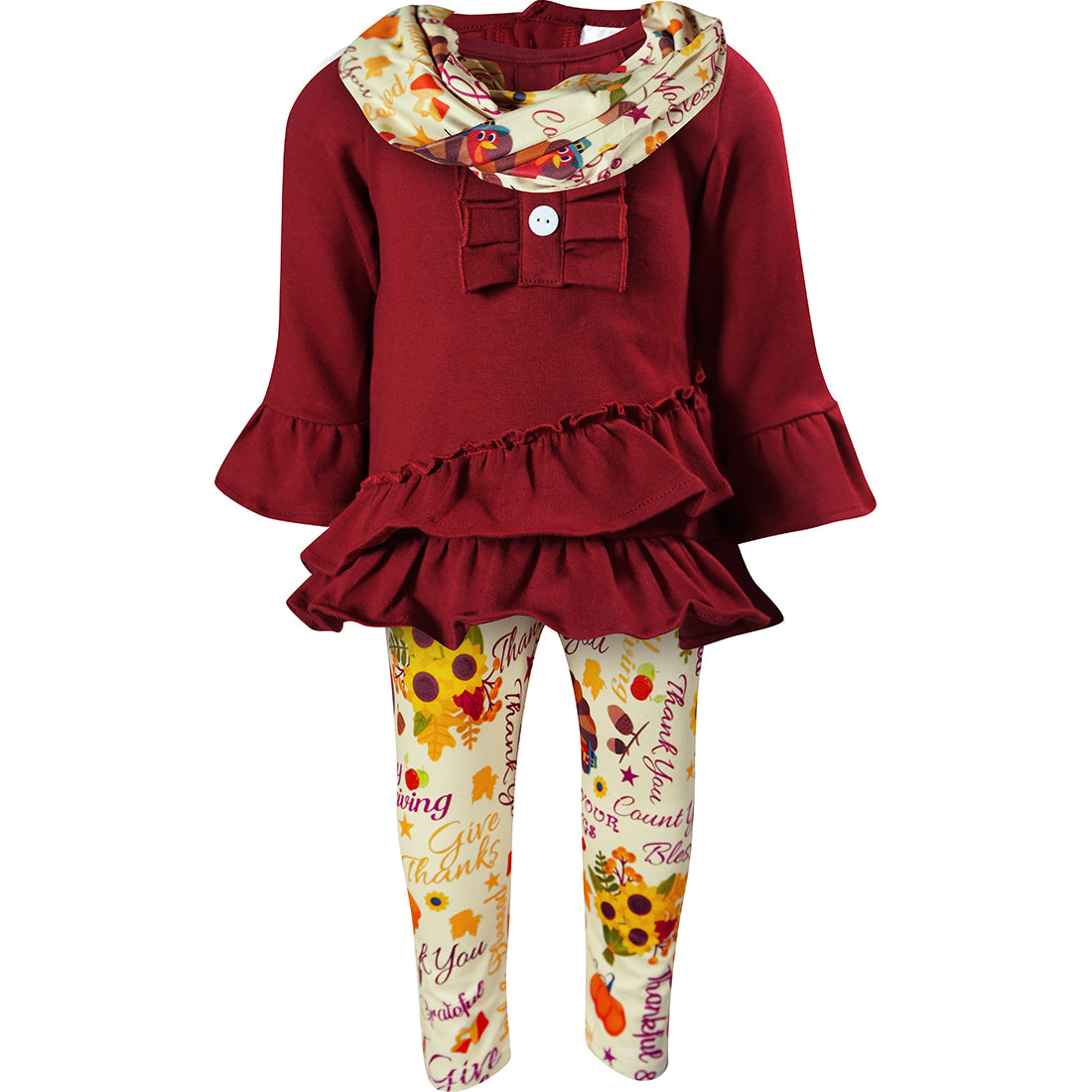 Baby Toddler Little Girls Thanksgiving Turkey Be Grateful Thankful Blessed Boutique Outfit Set With Scarf - Burgundy - Angeline Kids