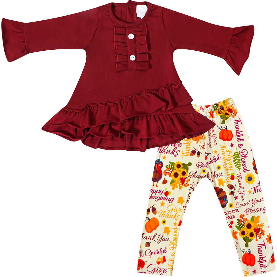 Baby Toddler Little Girls Thanksgiving Turkey Be Grateful Thankful Blessed Boutique Outfit Set With Scarf - Burgundy - Angeline Kids