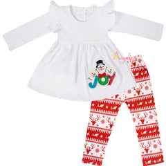 Girls Holiday White Christmas Joy Snowman Scarf Outfit Set - White/Red - Angeline Kids