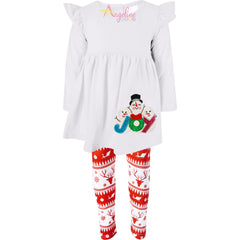 Girls Holiday White Christmas Joy Snowman Scarf Outfit Set - White/Red - Angeline Kids
