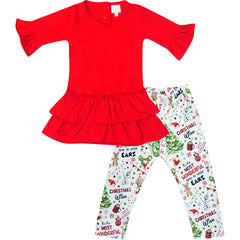 Baby Toddler Girls Christmas Wonderful Time Top Leggings Scarf Outfit Set - Red