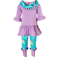 Toddler Little Girls Disney Inspired Minnie Easter Outfit with Scarf - Lavender Turquoise - Angeline Kids