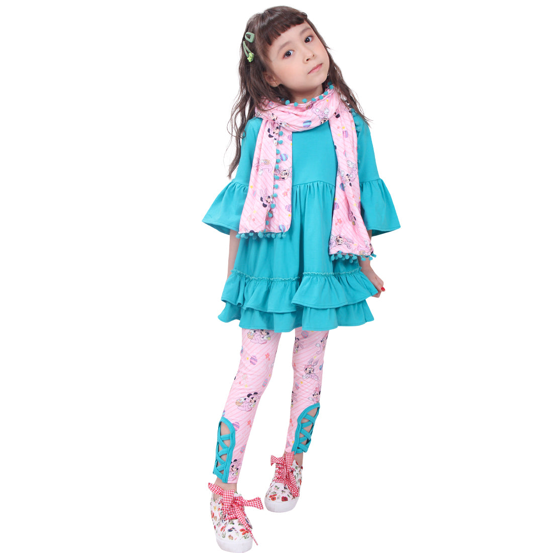 Toddler Little Girls Disney Inspired Minnie Easter Outfit with Scarf - Pink Turquoise - Angeline Kids