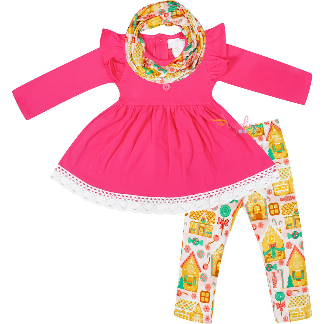 Girls Christmas Gingerbread House Top Leggings Scarf Outfit - Angeline Kids
