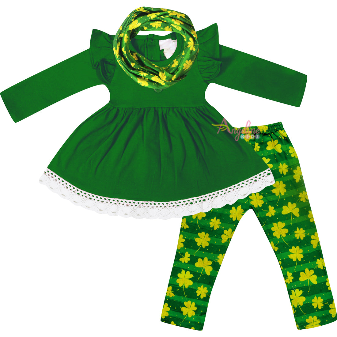 Baby Toddler Little Girls St. Patrick Day Lucky Shamrock Clover Scarf Set - Angeline Kids