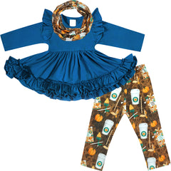 Baby Toddler Little Girls Thanksgiving Thankful Grateful Blessed Pumpkin Pie Scarf Outfit Blue/Brown - Angeline Kids