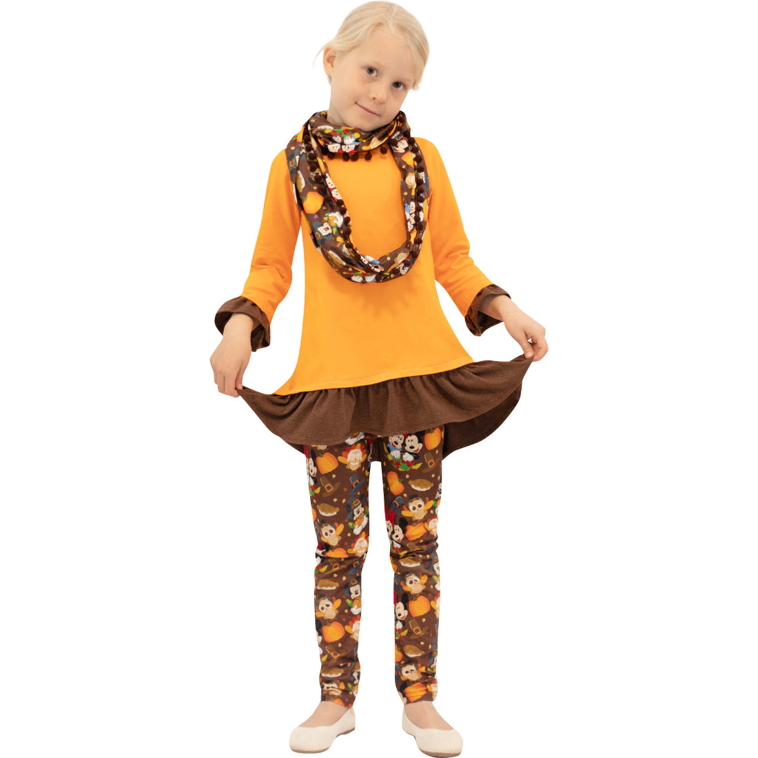 Baby Girls Fall Winter Thanksgiving Minnie Mouse Inspired Give Thanks Outfit Set With Scarf - Brown/Orange - Angeline Kids