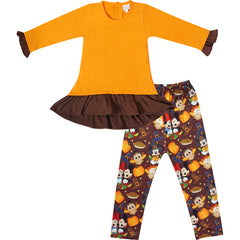 Baby Girls Fall Winter Thanksgiving Minnie Mouse Inspired Give Thanks Outfit Set With Scarf - Brown/Orange - Angeline Kids