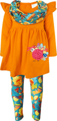 Baby Toddler Little Girls Thanksgiving Turkey Scarf Outfit - Orange Teal - Angeline Kids