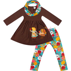Baby Toddler Little Girls Thanksgiving Floral Turkey Scarf Outfit Set - Brown/Turquoise - Angeline Kids
