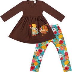 Baby Toddler Little Girls Thanksgiving Floral Turkey Scarf Outfit Set - Brown/Turquoise