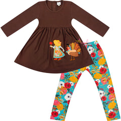 Baby Toddler Little Girls Thanksgiving Floral Turkey Scarf Outfit Set - Brown/Turquoise - Angeline Kids