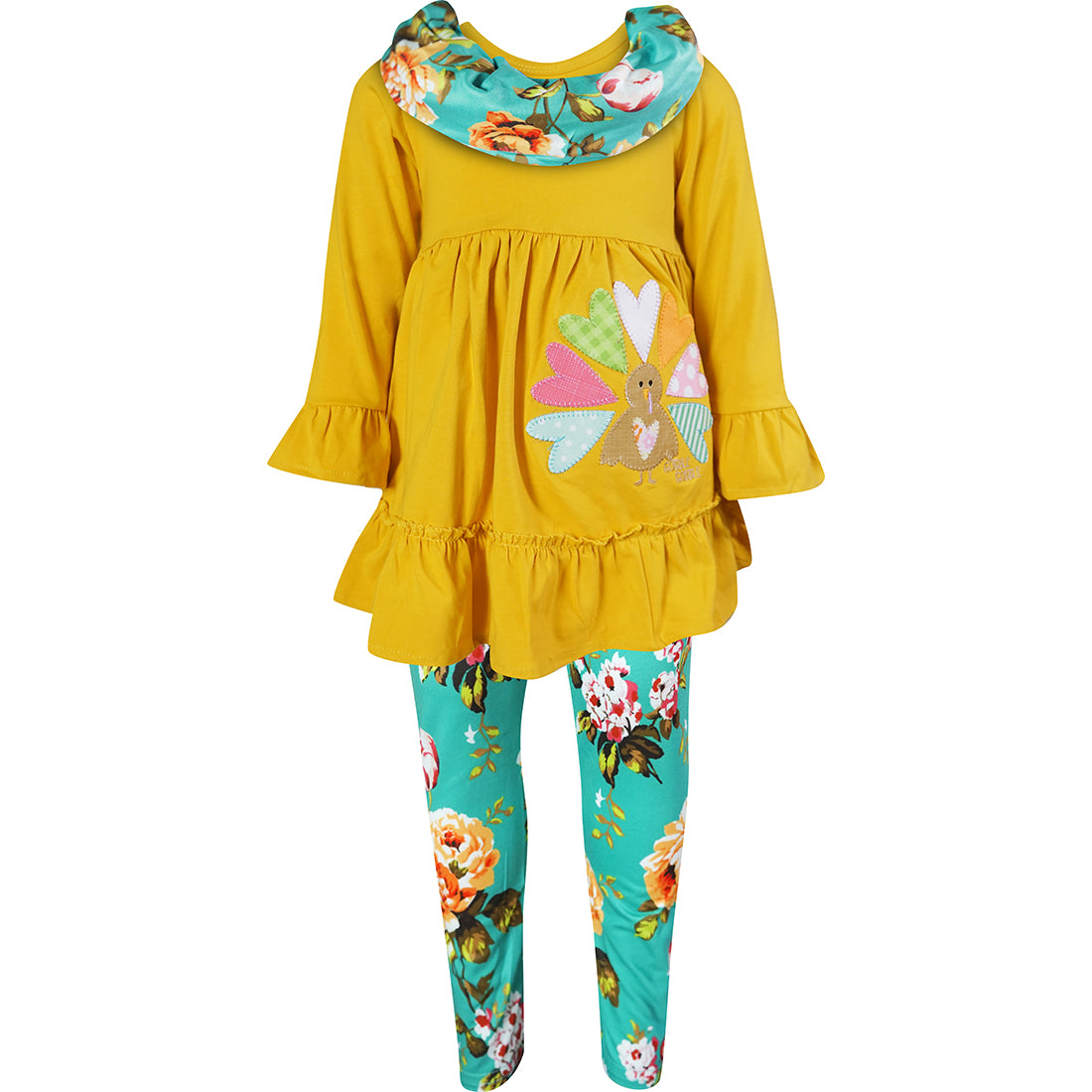 Baby Toddler Little Girls Thanksgiving Turkey Scarf Outfit - Mustard/Turquoise - Angeline Kids