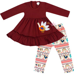 Baby Toddler Little Girls Thanksgiving Turkey Scarf Outfit Set - Brown/Aztec