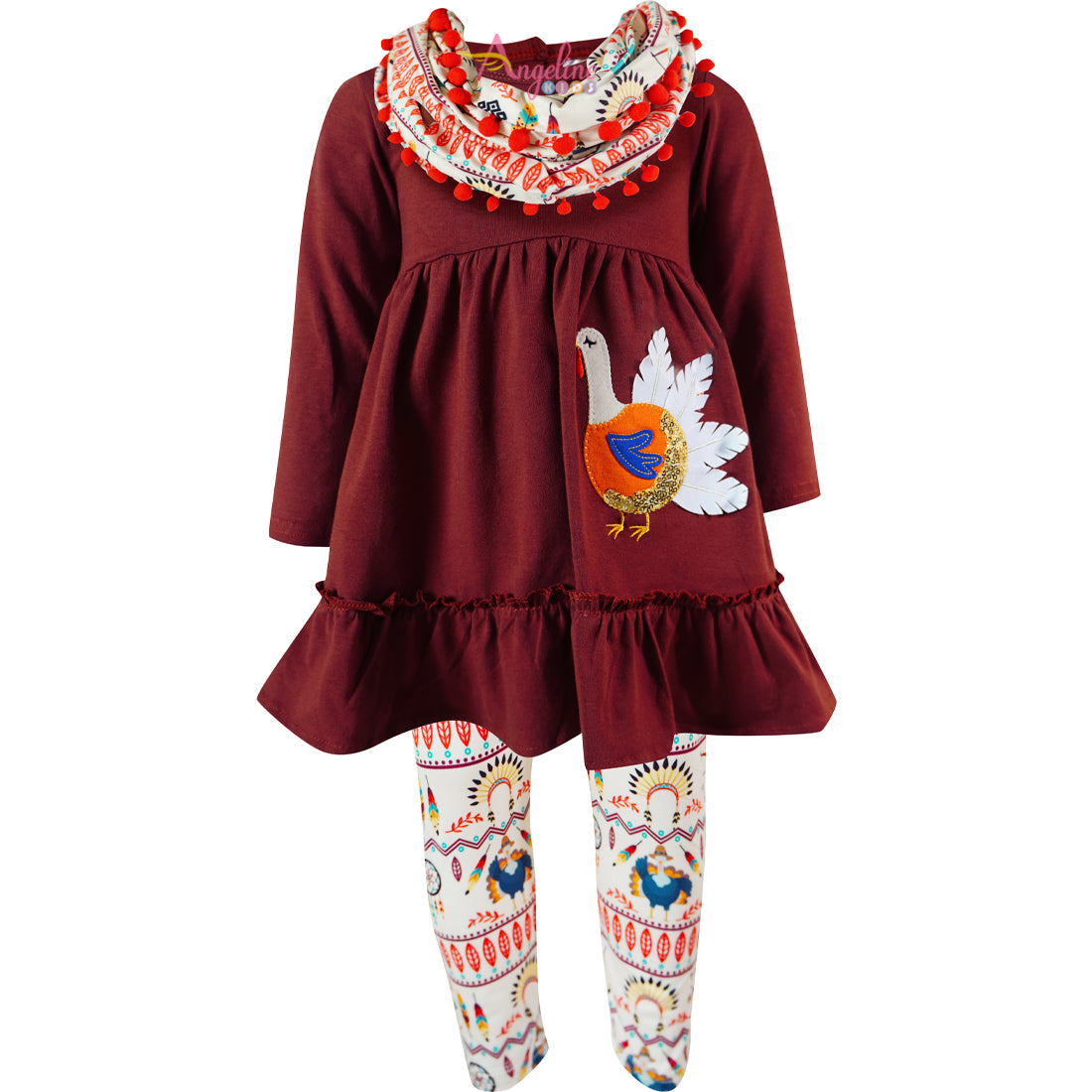 Baby Toddler Little Girls Thanksgiving Turkey Scarf Outfit Set - Brown/Aztec - Angeline Kids