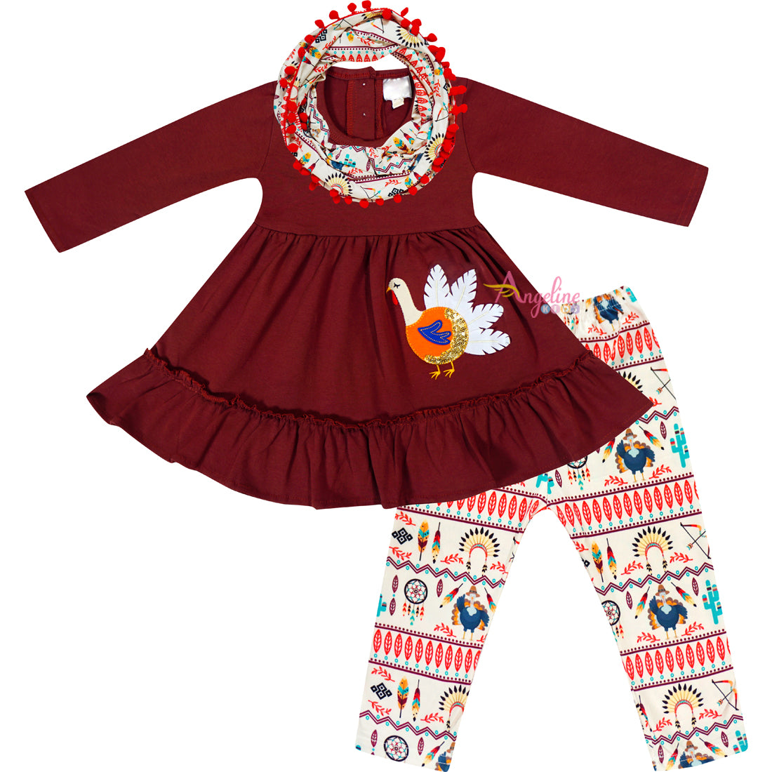 Baby Toddler Little Girls Thanksgiving Turkey Scarf Outfit Set - Brown/Aztec - Angeline Kids