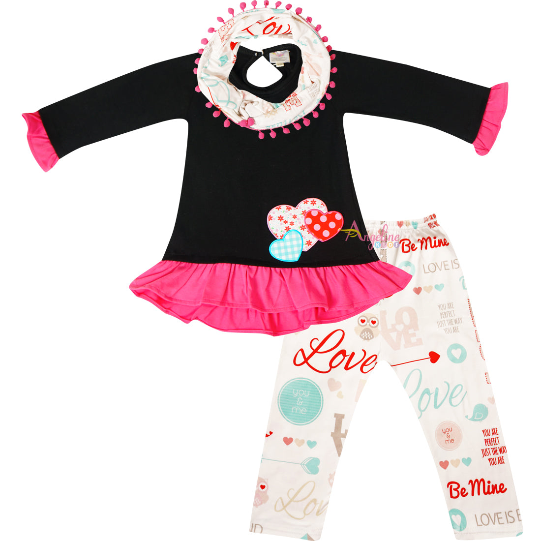 Baby Toddler Little Girl Valentines Day Be Mine Scarf Outfit - Black Ivory - Angeline Kids