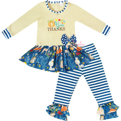 Baby Toddler Little Girls Give Thanks Top & Pants Set - Ivory Teal Stripes - Angeline Kids