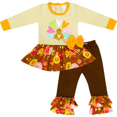 Baby Toddler Little Girl Thanksgiving Gobble Turkey Skirted Top Pant Set - Brown - Angeline Kids
