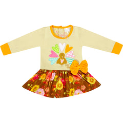 Baby Toddler Little Girl Thanksgiving Gobble Turkey Skirted Top Pant Set - Brown - Angeline Kids