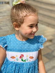 Toddler Little Girls Ariel Mermaid Hand Smocked Dress - Blue - Angeline Kids