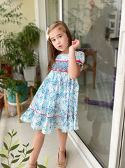 Baby Toddler Little Girls Vintage Boutique Fall Winters Christmas Floral Smocked Dresses - Cyan Blue - Angeline Kids