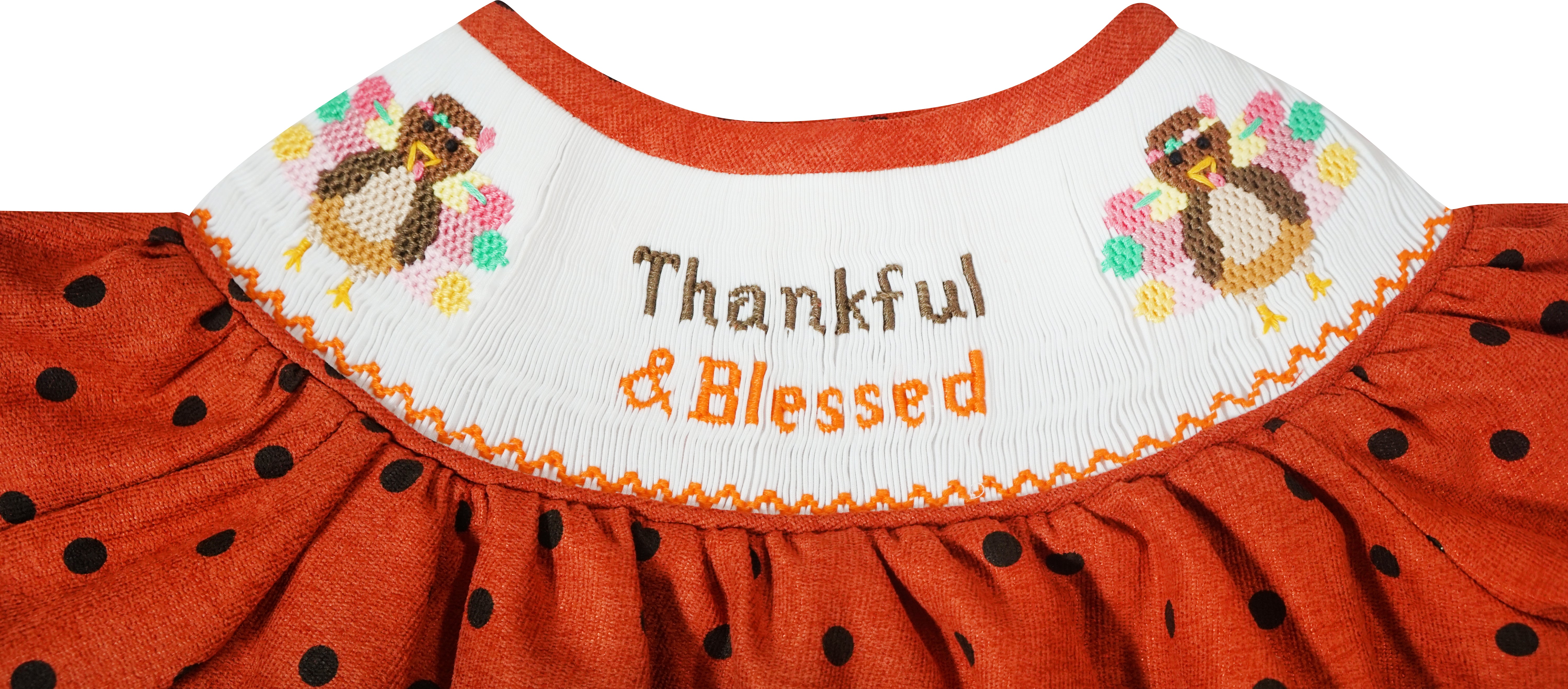 Baby Toddler Little Girls Thanksgiving Thankful & Blessed Hand Smocked Orange Polka Dot Dress - Angeline Kids