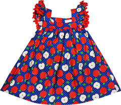 Toddler Little Girls Back to School Navy Polka Dot Apple Dress - Woven Cotton - Angeline Kids