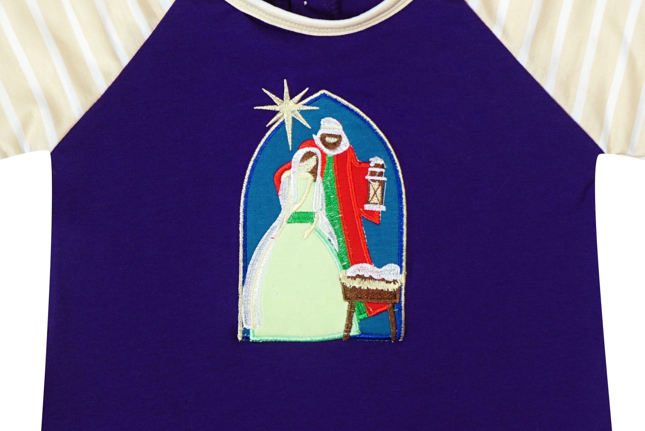 Girls Christmas Holy Night Baby Jesus Raglan Tee Shirt Purple/Stripes - Angeline Kids