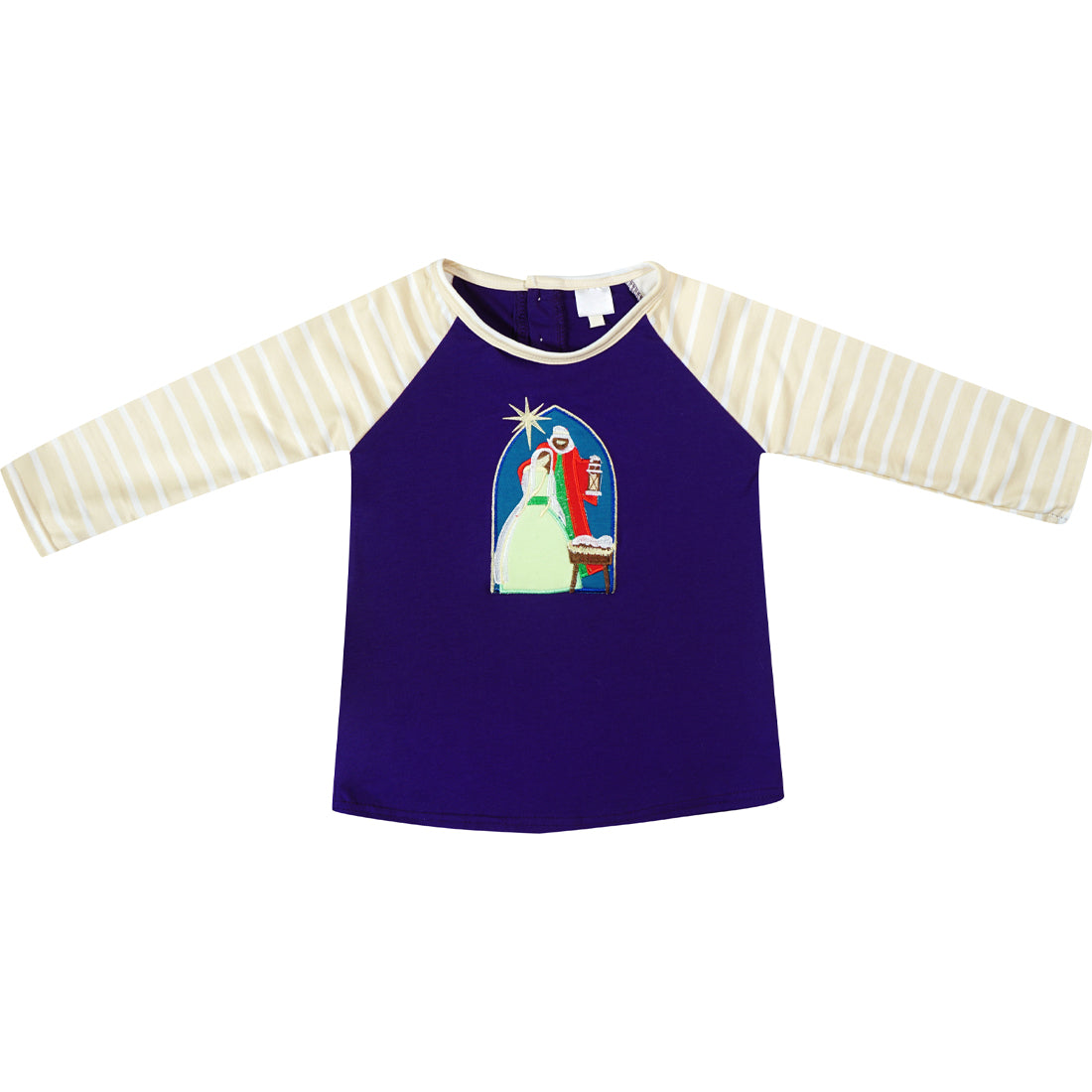 Girls Christmas Holy Night Baby Jesus Raglan Tee Shirt Purple/Stripes - Angeline Kids