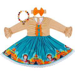 Baby Toddler Little Girls Thanksgiving Turkey Stripes Dress with Free Headband