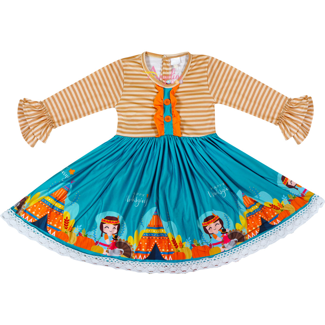 Baby Toddler Little Girls Thanksgiving Turkey Stripes Dress with Free Headband - Angeline Kids