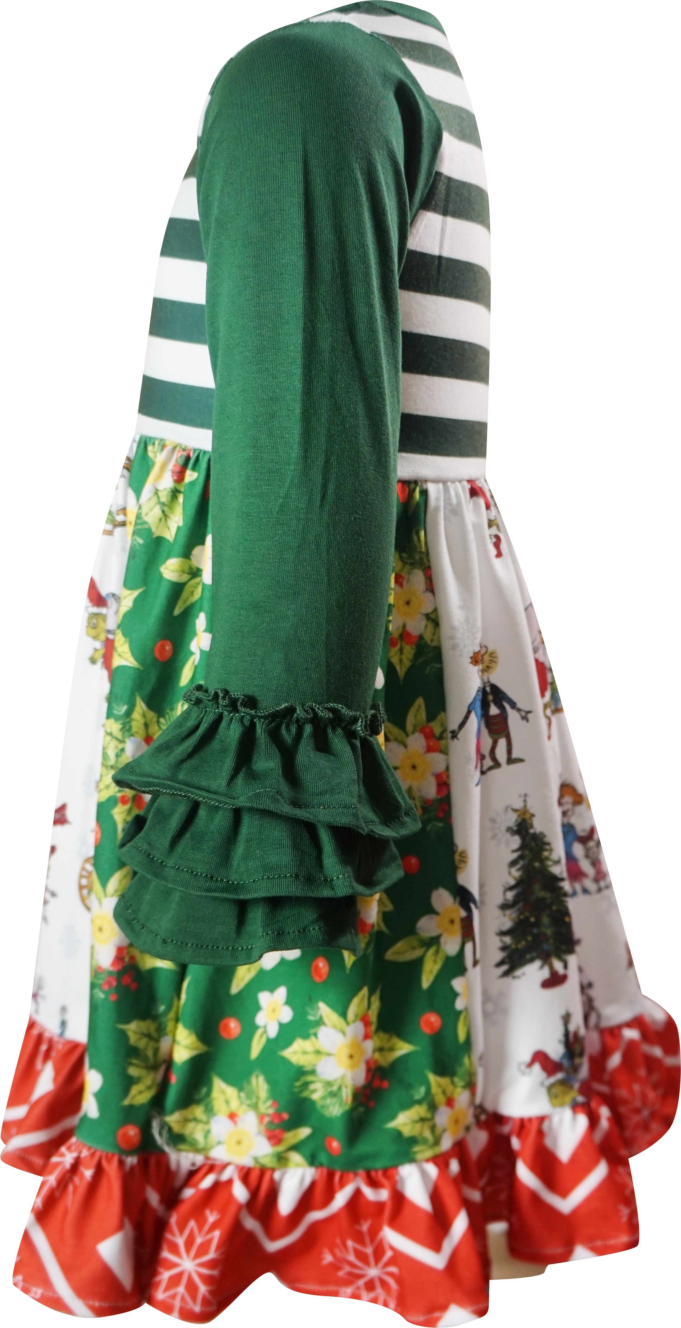 Baby Toddler Little Girls Merry Christmas Grinch Cindy Lou Inspired Ruffle Skirted Top & Pants Set-Green Stripes