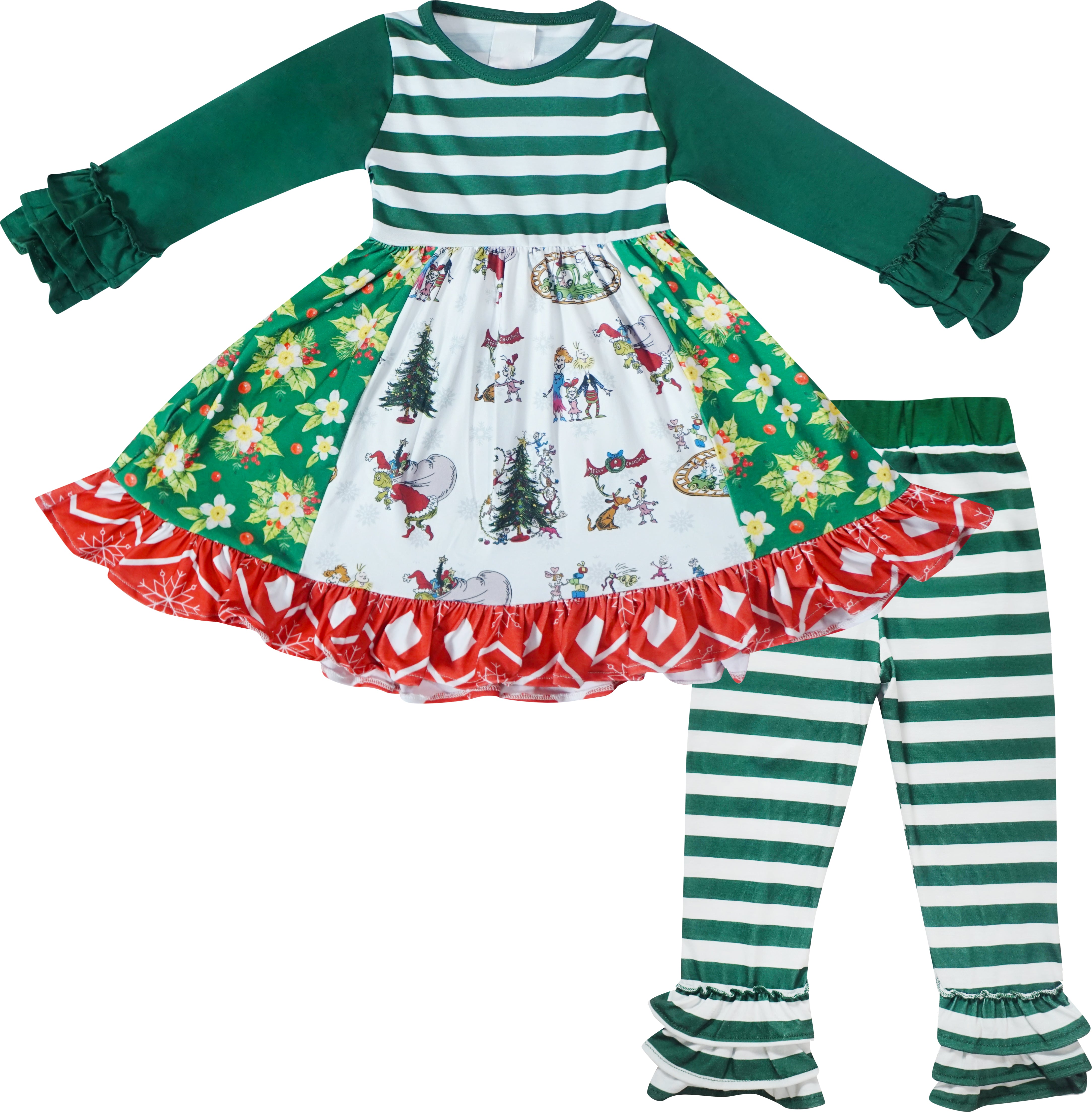 Baby Toddler Little Girls Merry Christmas Grinch Cindy Lou Inspired Ruffle Skirted Top & Pants Set-Green Stripes