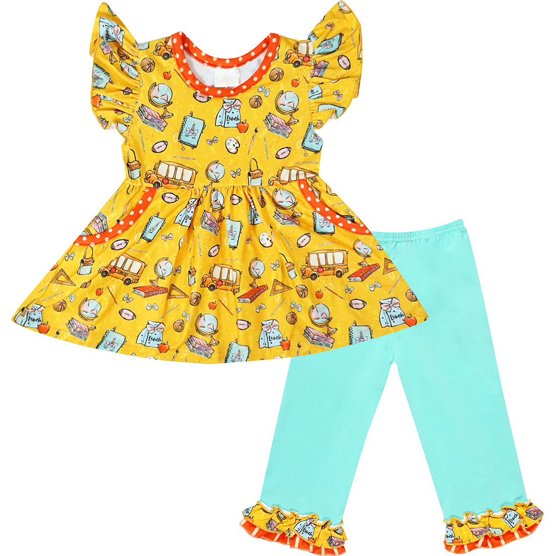 Toddler Girls Back To Class School Bus Ruffle Tunic Top & Pants Set - Gold/Mint - Angeline Kids