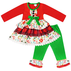 Girls Christmas Holiday Ruffle Tiered Tunic Top Pants Set - Red - Angeline Kids