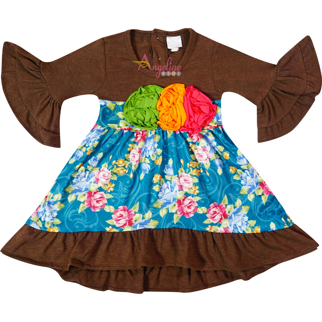Girls Fall Colors Thanksgiving Floral Ruffle Top Pants Set - Heather Brown - Angeline Kids