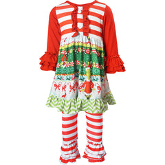 Baby Toddler Little Girls Merry Christmas Grinch Cindy Lou Inspired Ruffle Skirted Top & Pants Set-Red Stripes