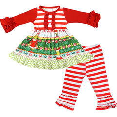 Baby Toddler Little Girls Merry Christmas Grinch Cindy Lou Inspired Ruffle Skirted Top & Pants Set-Red Stripes