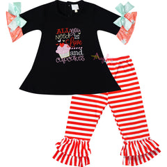Baby Toddler Little Girls Valentines Day All You Need Is Love and Cupcakes Tunic Pant Set Black/Stripes - Angeline Kids
