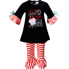 Baby Toddler Little Girls Valentines Day All You Need Is Love and Cupcakes Tunic Pant Set Black/Stripes - Angeline Kids