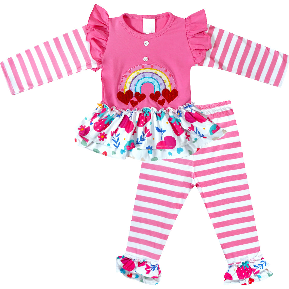 Baby Toddler Little Girl Valentine Day Love Rainbow Outfit Set Pink Stripes