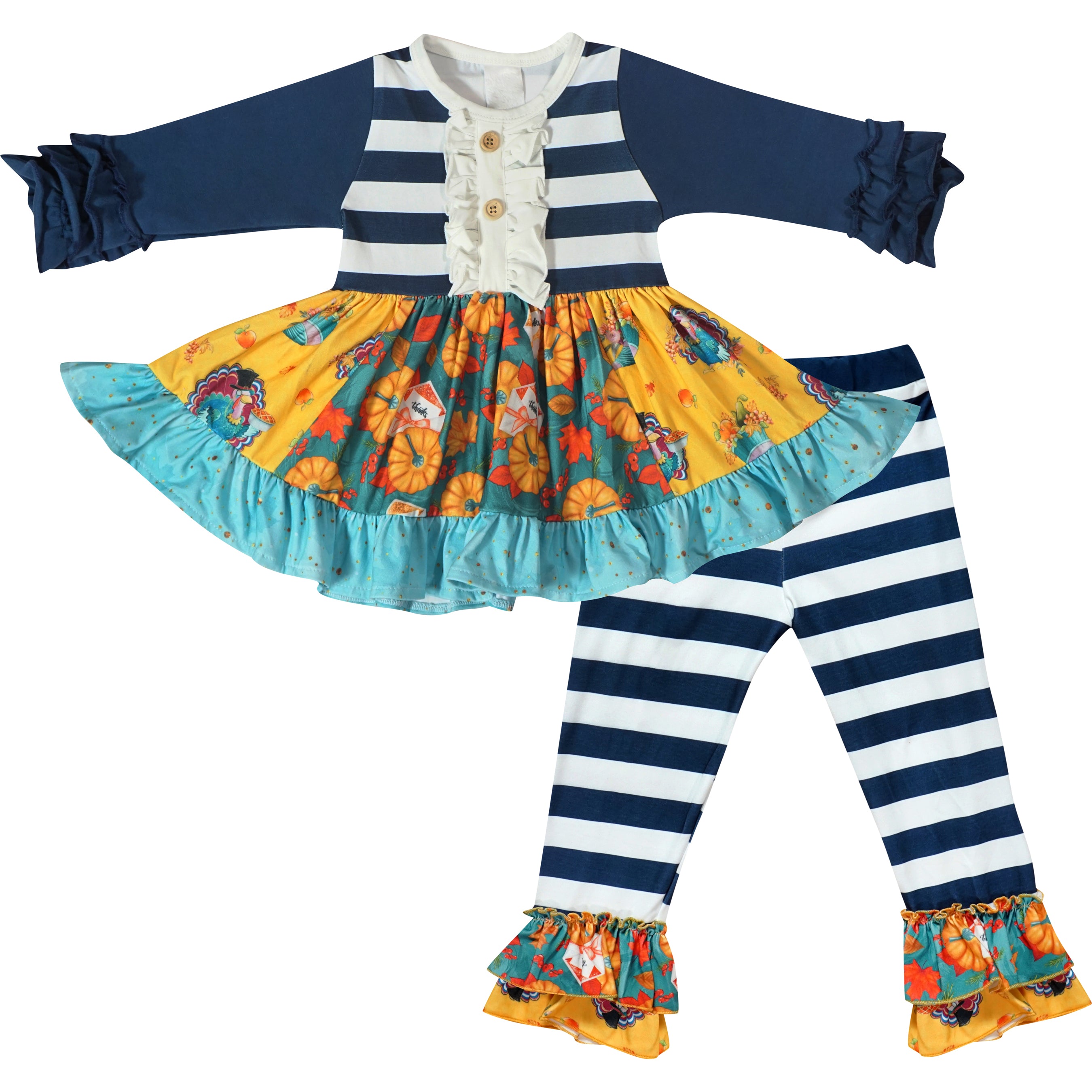 Baby Toddler Little Girls Thanksgiving Turkey Ruffle Panel Top & Pants Outfit Set - Navy Stripes - Angeline Kids