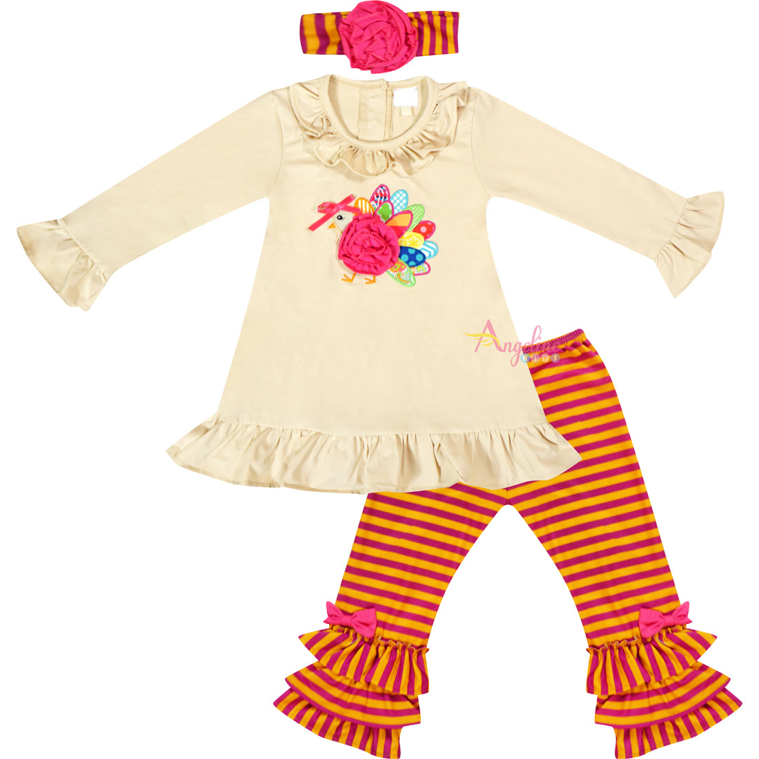 Baby Toddler Little Girls Thanksgiving Turkey Ruffle Top Pants Set w/ Free Headband - Ivory Fuchsia Stripes - Angeline Kids